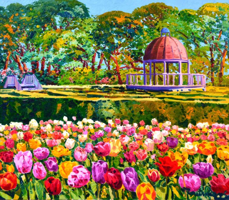 Luce sui tulipani e sullo sfondo il labirinto del parco Sigurtà