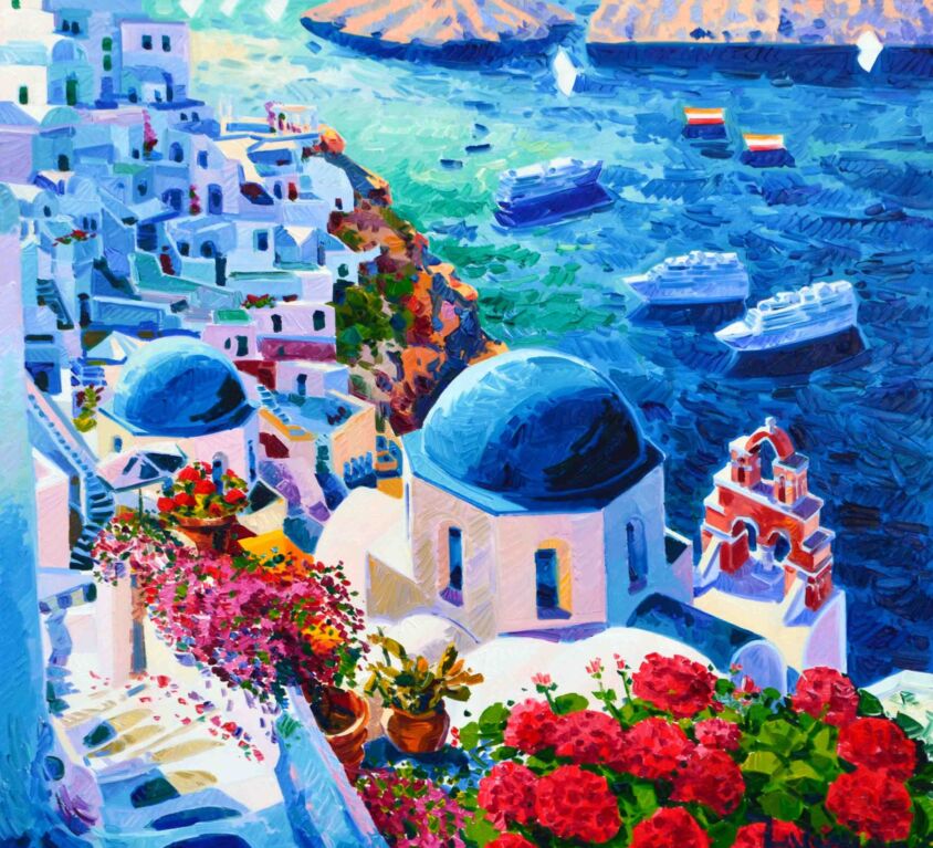 Una ricca Santorini di gerani, luce e fiori